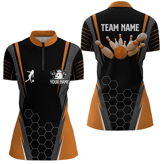 Black Women's Bowling Shirt Quarter-Zip Custom Ladies Bowlers Jersey, team bowling outfits | Orange NQS6503