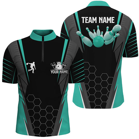 Black Men's Bowling Shirt Quarter-Zip Custom Name mens Bowlers Jersey, team bowling outfits| Turquoise NQS6505