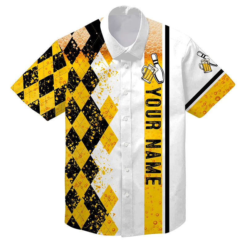 Funny black and yellow argyle pattern Bowling beer hawaiian shirts custom Team button up shirts NQS6950