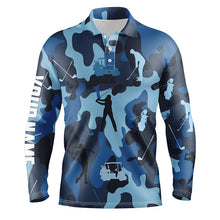 Load image into Gallery viewer, Pesonalized Blue camo short sleeve, long sleeve golf polo shirts for mens custom name golf tops mens NQS4637