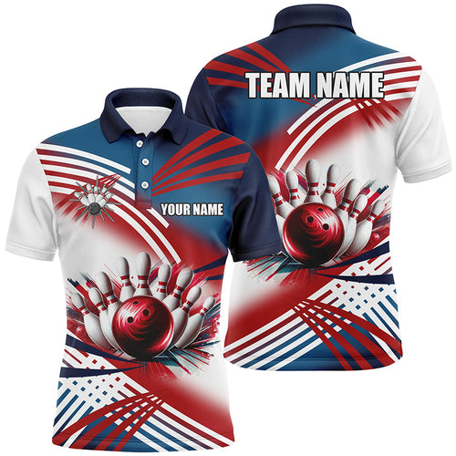Red, white and blue Mens Bowling polo shirts Custom bowling ball and pins Team bowling shirts for men NQS7234