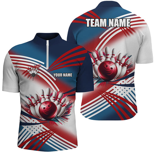 Red, white and blue Men's bowling Quarter Zip shirts Custom Team bowling ball and pins shirts for men NQS7234