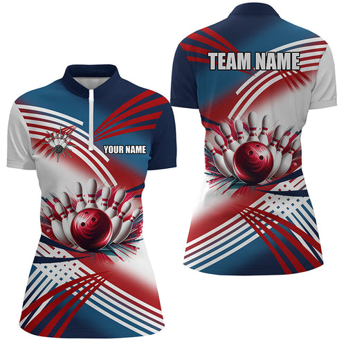 Red, white and blue Womens Bowling Quarter Zip shirts Custom Team bowling ball pins shirts for women NQS7234