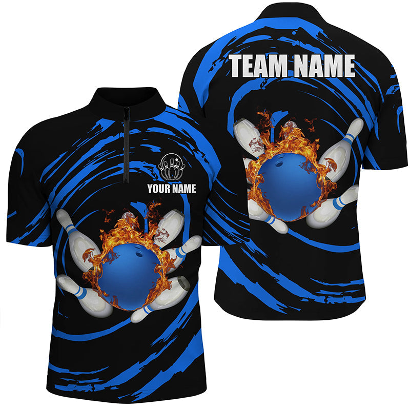 Blue flame bowling ball and pins Men's bowling Quarter Zip shirts Custom Team male bowling outfit NQS7235