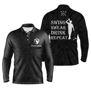 Funny Mens golf polos shirts custom name swing swear drink repeat black tie dye pattern golf shirts NQS5116