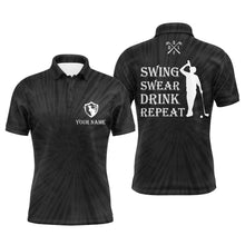 Load image into Gallery viewer, Funny Mens golf polos shirts custom name swing swear drink repeat black tie dye pattern golf shirts NQS5116