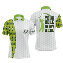 Load image into Gallery viewer, Funny Mens golf polos shirts custom your hole is my goal green argyle pattern white golf balls shirts NQS5118