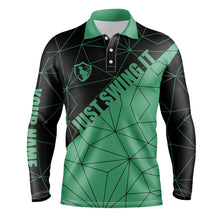 Load image into Gallery viewer, Mens golf polos shirts Just swing it custom name green geometric pattern golf shirts for men NQS5119