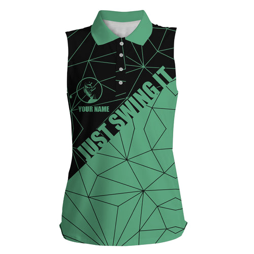 Womens sleeveless polo shirt Just swing it custom name green geometric pattern golf shirts for women NQS5119