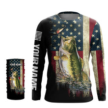 Load image into Gallery viewer, Largemouth bass Fishing American Flag Patriotic custom name UV protection quick dry long sleeves UPF 30+ NQS937