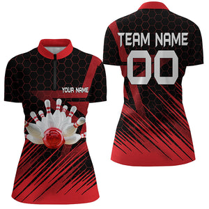 Red Bowling Shirt For women Custom Name Quarter Zip Bowling Jersey 3D Bowling Team Shirt For women NQS5140