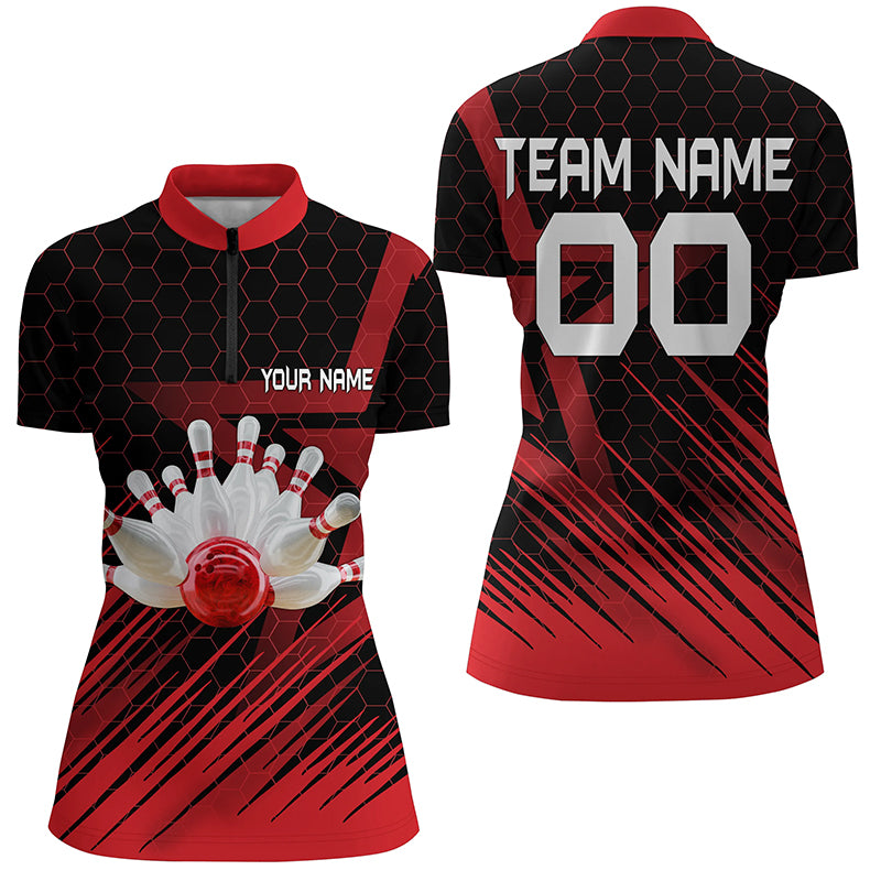 Red Bowling Shirt For women Custom Name Quarter Zip Bowling Jersey 3D Bowling Team Shirt For women NQS5140