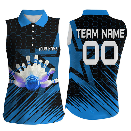 Custom Blue sleeveless bowling shirt for women – personalized team jersey front view