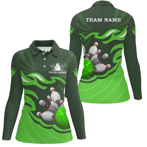 Women bowling polo shirt Custom bowling ball pins team league jersey, personalized bowling gift| Green NQS6300