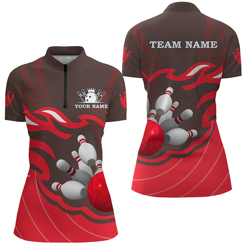 Womens bowling Quarter Zip shirt Custom bowling ball pins team league jersey, bowling gift | Red NQS6301