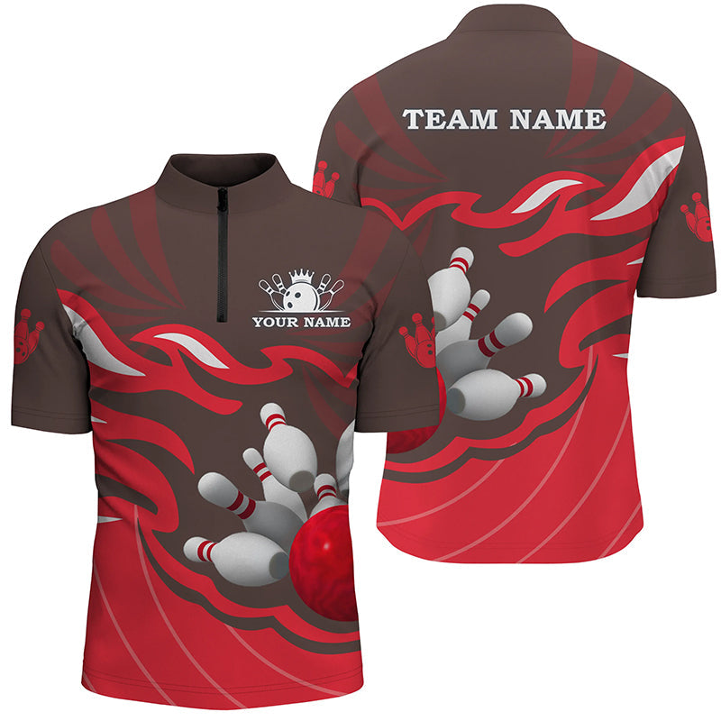 Men's bowling Quarter Zip shirts Custom bowling ball pins team league jersey, bowling gift | Red NQS6301
