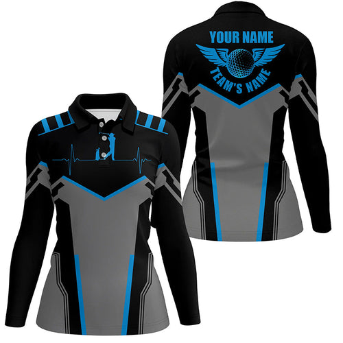 Black Womens golf polo shirts custom golf heartbeat golf shirt for women, best golf gifts | Blue NQS6302