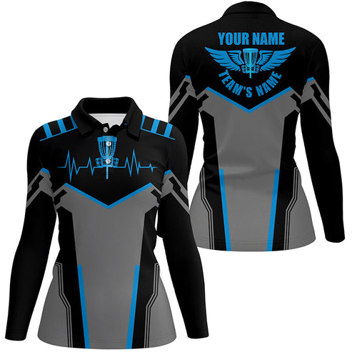 Black Women disc golf polo shirts custom disc golf heartbeat shirt for women, disco golf outfit | Blue NQS6303