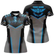 Load image into Gallery viewer, Black Women disc golf polo shirts custom disc golf heartbeat shirt for women, disco golf outfit | Blue NQS6303