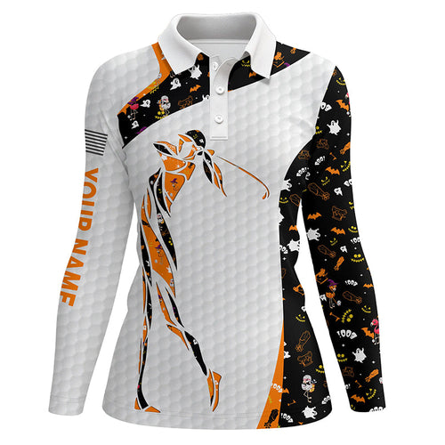 Personalized black Halloween pattern white Womens golf polo shirts custom name Halloween golf gift NQS6304