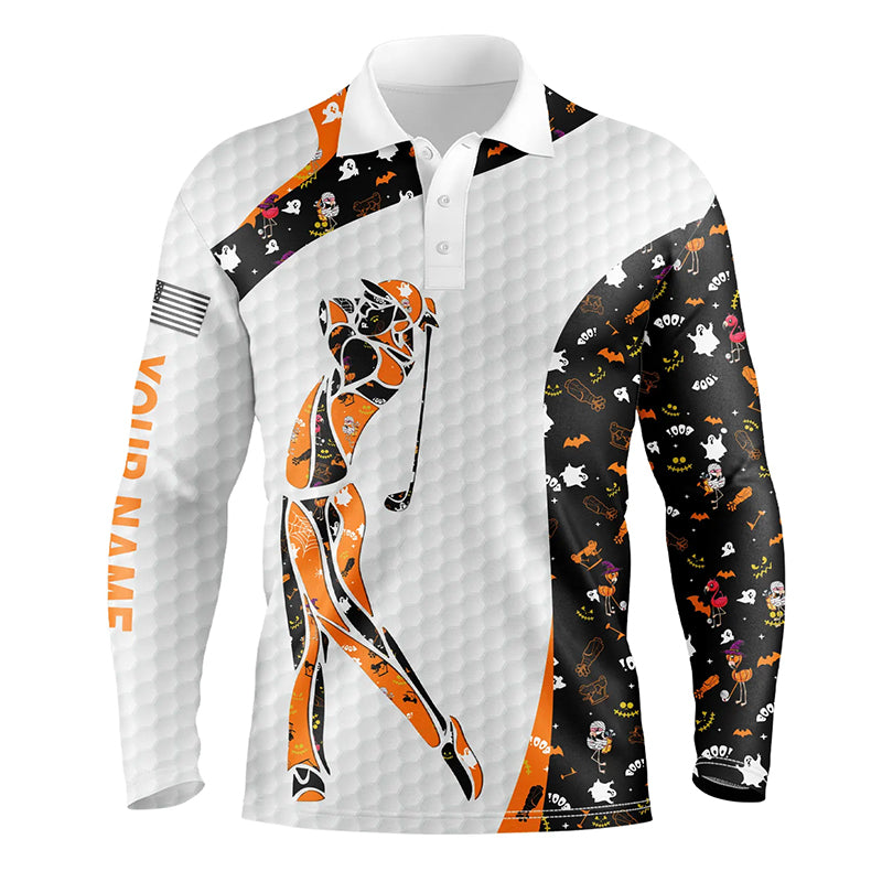Personalized black Halloween pattern white mens golf polo shirts custom Halloween golf gift NQS6304