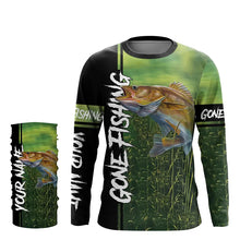 Load image into Gallery viewer, Walleye gone fishing blue lake camo Custom name long sleeves performance shirt for men, women and Kid NQS942