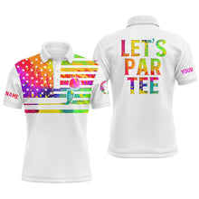 Load image into Gallery viewer, Mens golf polo shirt watercolor American flag custom name Let’s Par Tee white golf shirt NQS4032