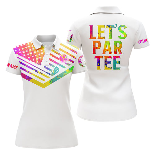 Womens golf polo shirts watercolor American flag patriot custom name Let’s Par Tee white golf shirt NQS4033