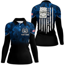 Load image into Gallery viewer, Black blue camo Women bowling polo shirts Custom American flag patriotic bowling team league jerseys NQS6523