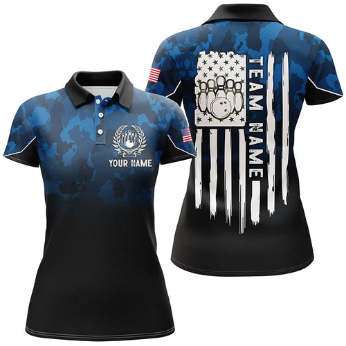 Black blue camo Women bowling polo shirts Custom American flag patriotic bowling team league jerseys NQS6523