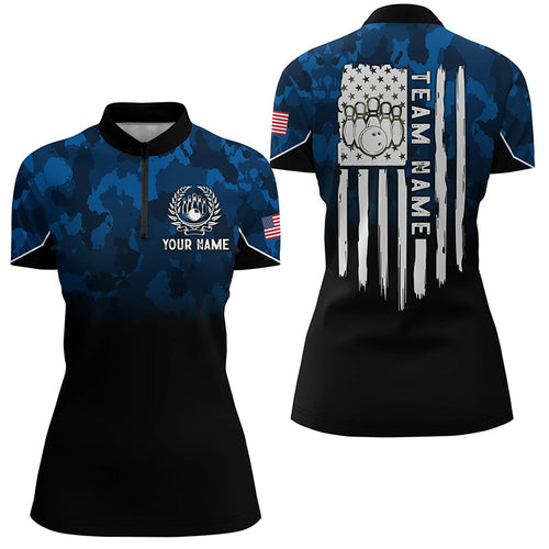 Black blue camo Womens bowling Quarter Zip shirt Custom American flag patriotic bowling team jerseys NQS6523