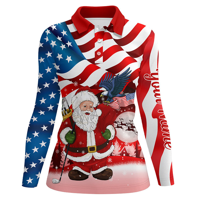 Christmas Santa American flag patriotic custom Women golf polo shirts, Xmas US flag golf shirts ladies NQS6780