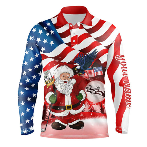 Christmas Santa American flag patriotic custom Mens golf polo shirts, Xmas US flag golf shirts men NQS6780