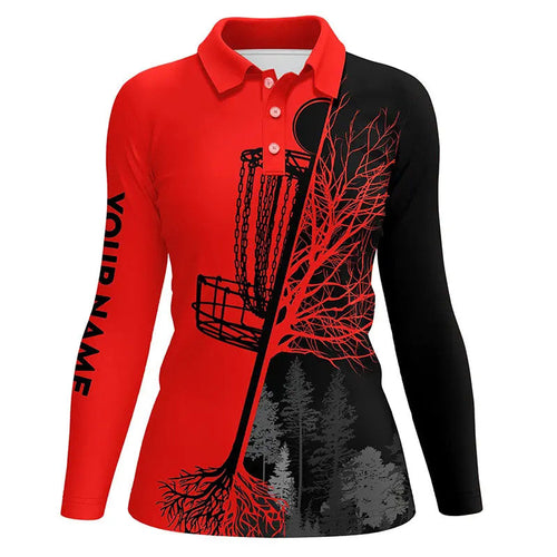 Womens disc golf polo shirts custom black and red disc golf basket, disc golf shirts NQS6985