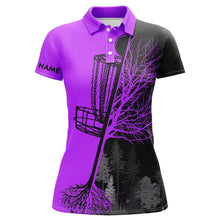 Load image into Gallery viewer, Womens disc golf polo shirts custom black and purple disc golf basket, disc golf shirts NQS6986