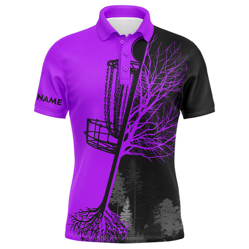 Mens disc golf polo shirt custom name black and purple disc golf basket, personalized disc golf shirts NQS6986