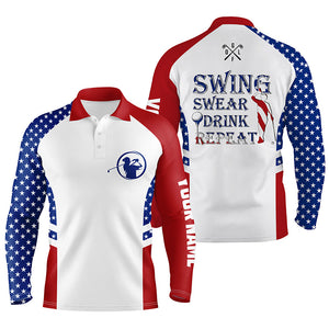 Mens golf polo shirt Swing swear drink repeat custom name American flag patriotic white golf shirt NQS3890