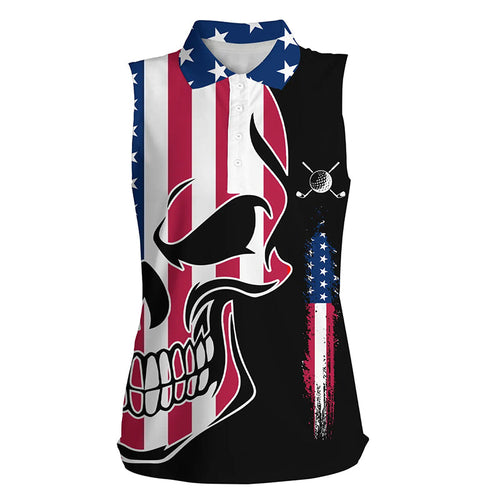 Women sleeveless polo shirt American flag patriotic skull golf shirts for women, ladies golf top NQS6310