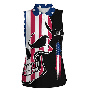 Women sleeveless polo shirt American flag patriotic skull golf shirts for women, ladies golf top NQS6310