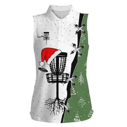 Womens sleeveless disc golf polo shirt Christmas pattern disc golf hole Christmas disc golf team shirt NQS6781