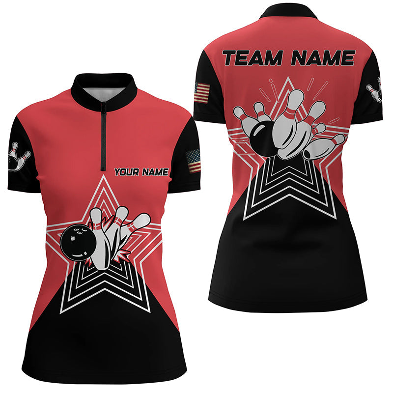 Red and Black retro bowling ball pins star custom Womens bowling Quarter Zip shirt team league jerseys NQS6787