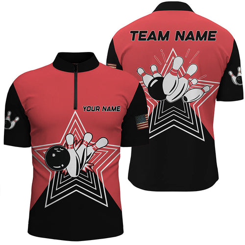 Red and Black retro bowling ball pins star custom Men's bowling Quarter Zip shirts team league jerseys NQS6787