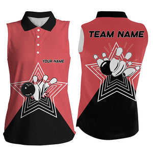 Red and Black retro bowling ball pins star custom Women sleeveless polo shirts team league jerseys NQS6787