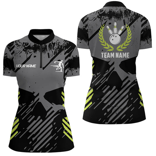 Black Skull bowling shirt for women custom bowling Quarter Zip shirt bowling team skull league jerseys NQS6789