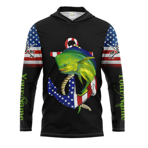Mahi mahi Dorado fishing legend American flag 4th July Customize Name UV protection UPF 30+ long sleeve fishing shirt NQS1936