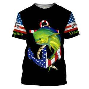 Mahi mahi Dorado fishing legend American flag 4th July Customize Name UV protection UPF 30+ long sleeve fishing shirt NQS1936