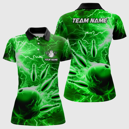 Womens polo bowling shirts Custom green lightning thunder Bowling Team Jersey, gift for team Bowlers NQS7143