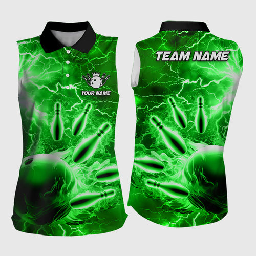Womens bowling sleeveless polo shirts Custom green lightning thunder Bowling Team Jerseys NQS7143