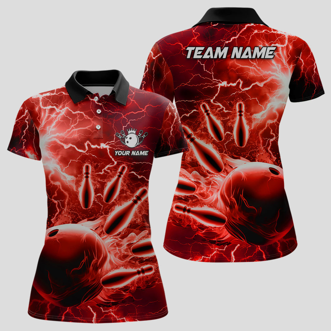 Womens polo bowling shirts Custom red lightning thunder Bowling Team Jersey, gift for team Bowlers NQS7144