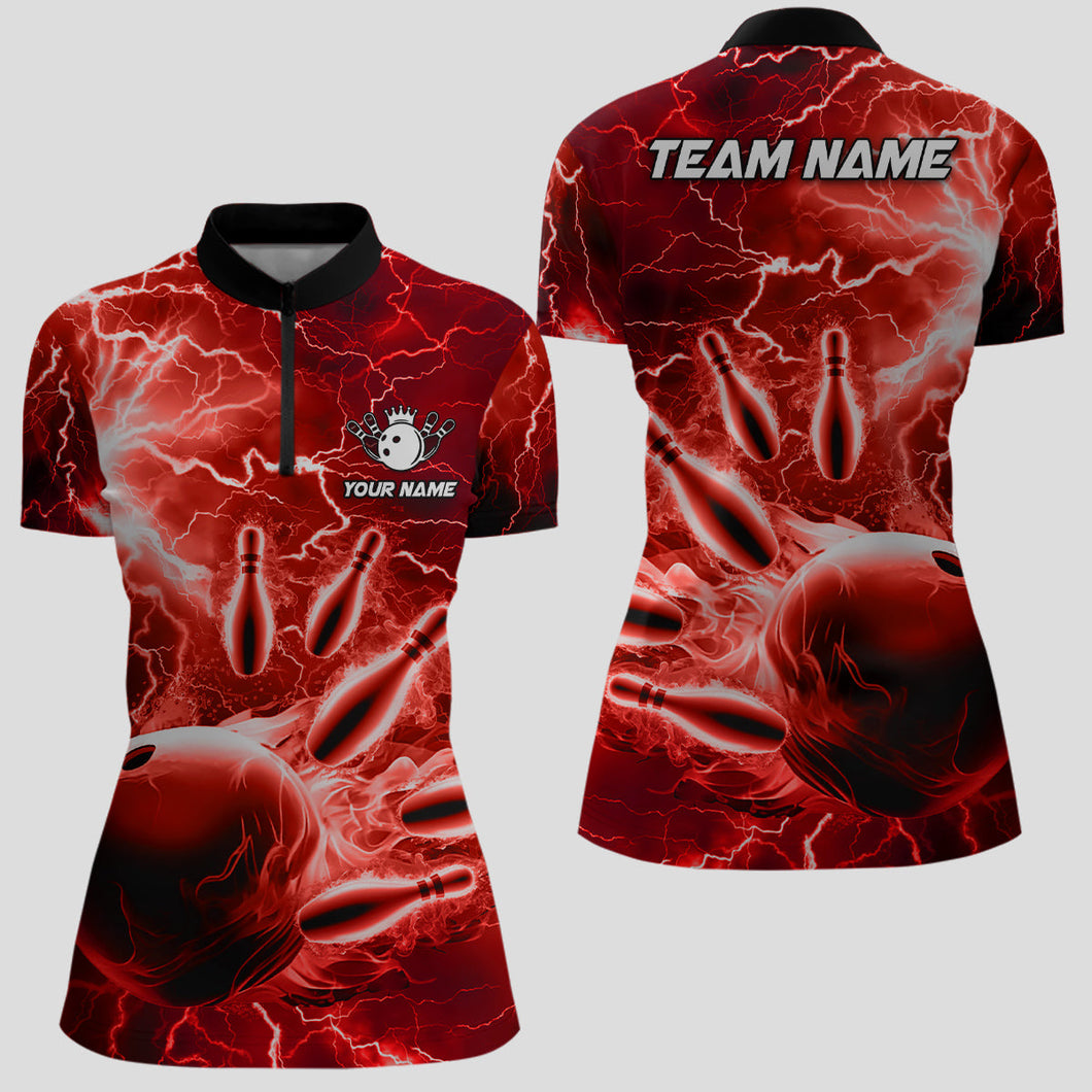 Womens bowling Quarter Zip shirt Custom red lightning thunder Bowling Team Jersey, gift for Bowlers NQS7144
